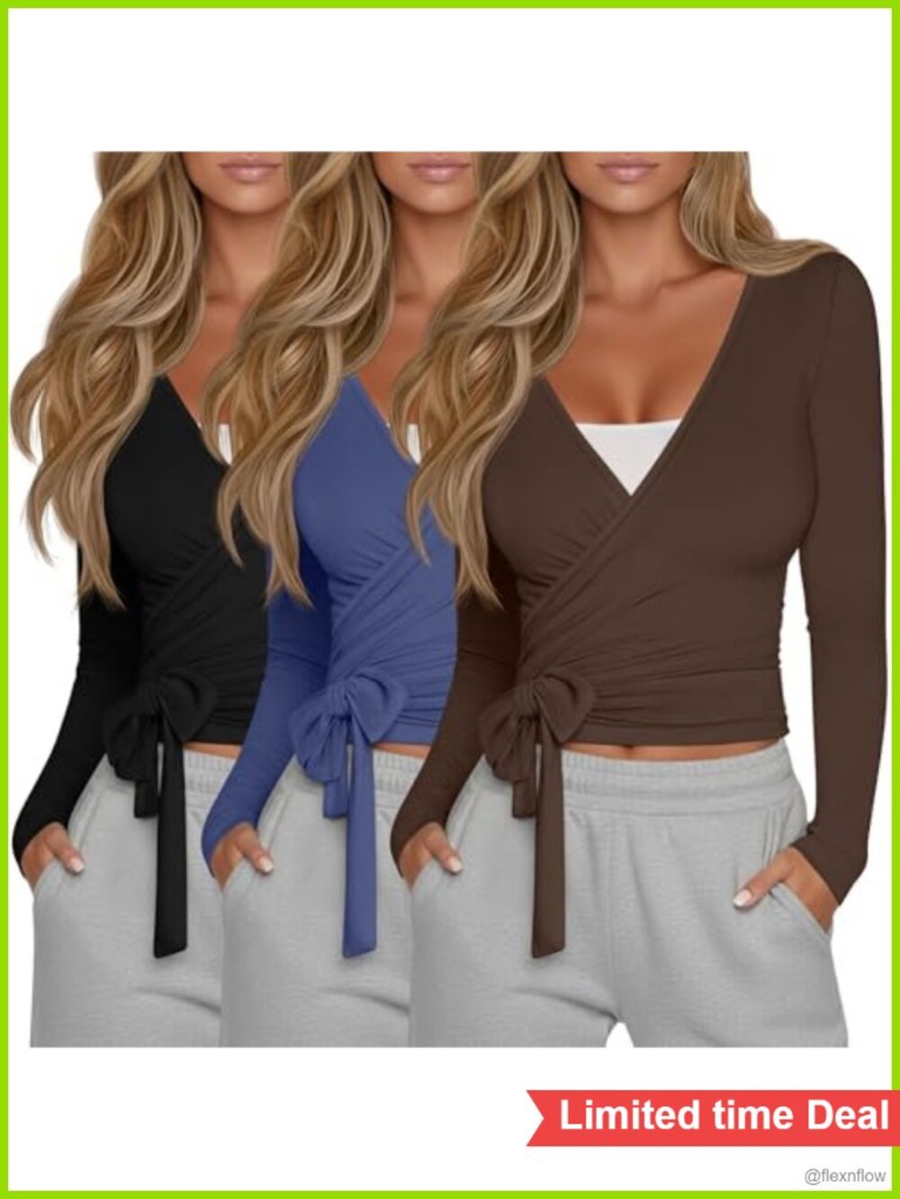 3-Pack Womens Wrap Tops Long Sleeve Ballet Pilates Cotton Spandex Tie Front